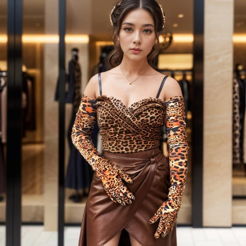 Women Vintage Sexy Leopard Pattern Gloves Evening Party Arm Sleeves Long Gloves for Stage Performance Nightclub Dancing Mittens