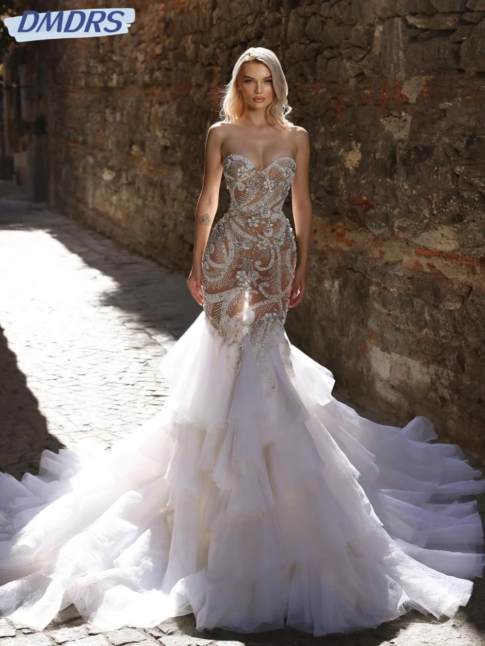 

Sequined Beads Tiered Mermaid Long Evening Dress Romantic Sweetheart Neck Wedding Party Gown Luxury Cocktail Dresses Customized