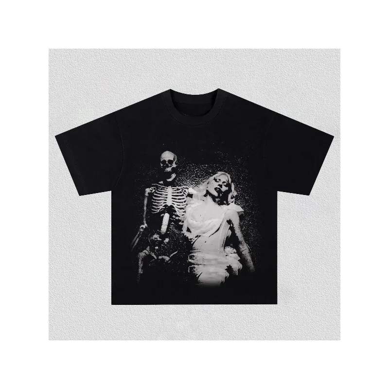 Gothic Bride and Skull Pattern, Punk Rock Horror Pattern Top Men's T-shirt Summer New Unisex High Street T-shirt