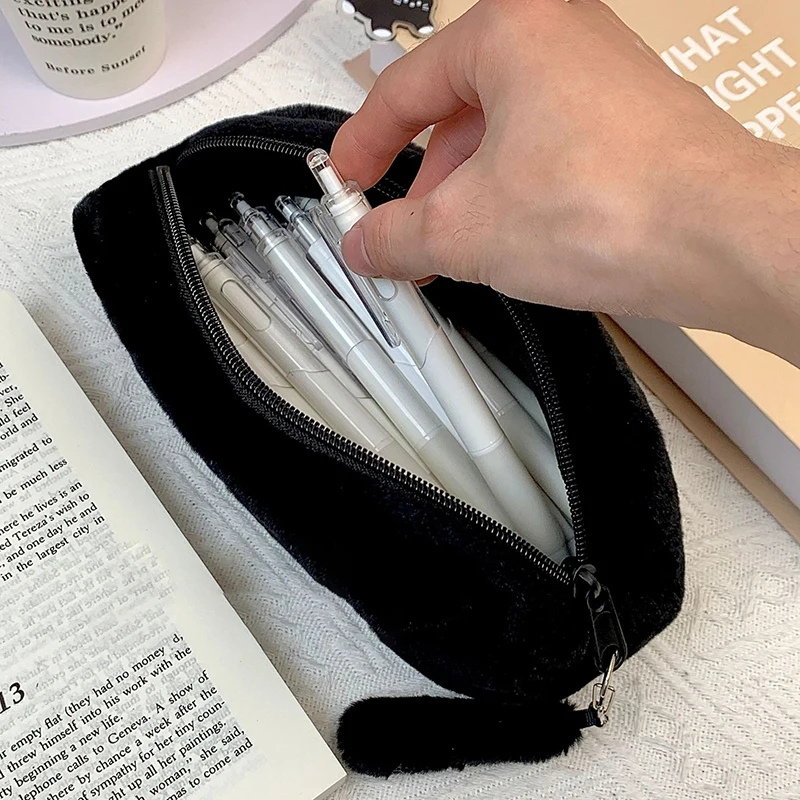 Simplicity Black Plush Cat Pencil Case Pencil Bag High Capacity Stationery School Student Storage Bag Cosmetic Storage Bag