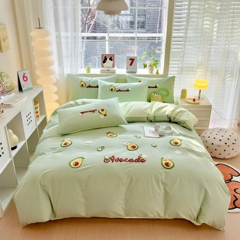 Bed Sheet All Seasons, Green 3D Embroidery, Soft Breathable Sweat-Absorbent, 100% Cotton Fabric, Easy To Use, Bedding Sets