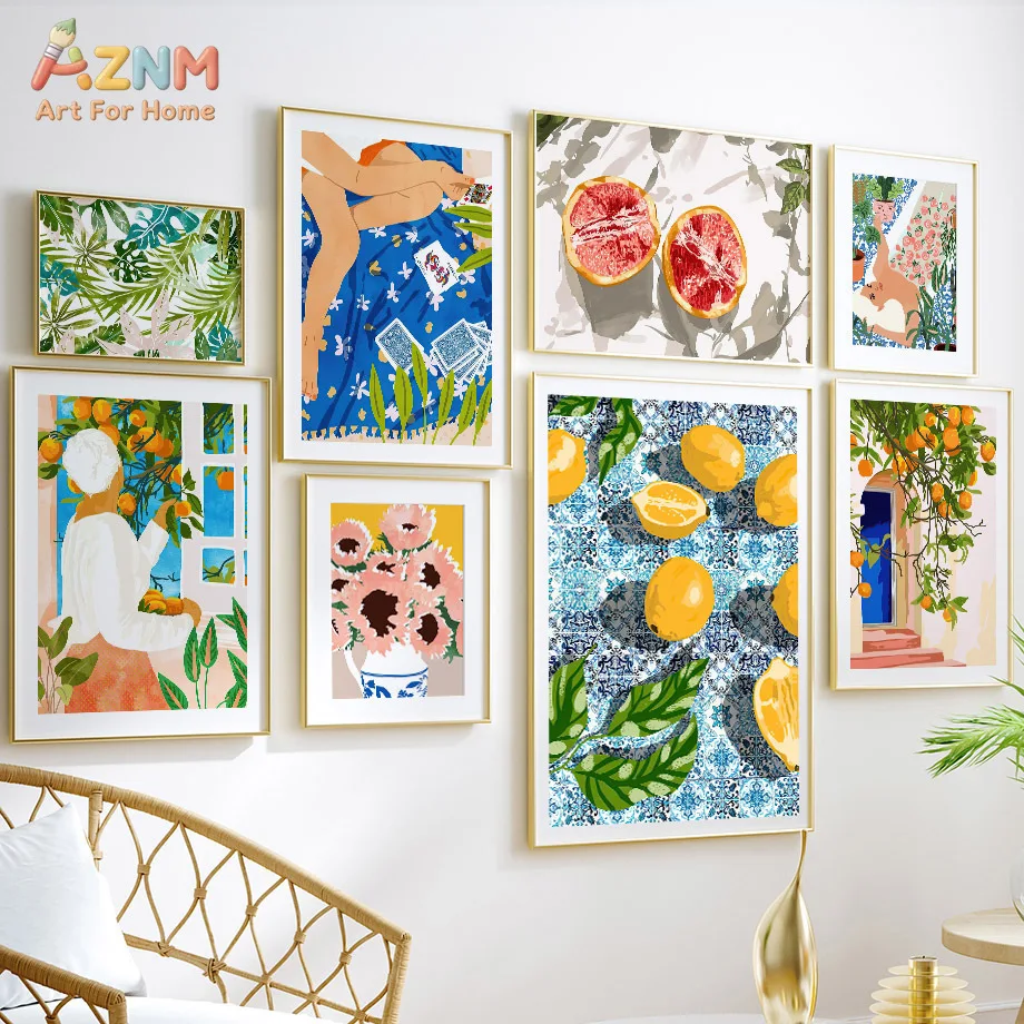AZNM Mediterranean Boho Canvas Wall Art Lemon Citrus Fruit Woman Figure Floral Tropical Leaf Vintage Illustration Colorful Aesth