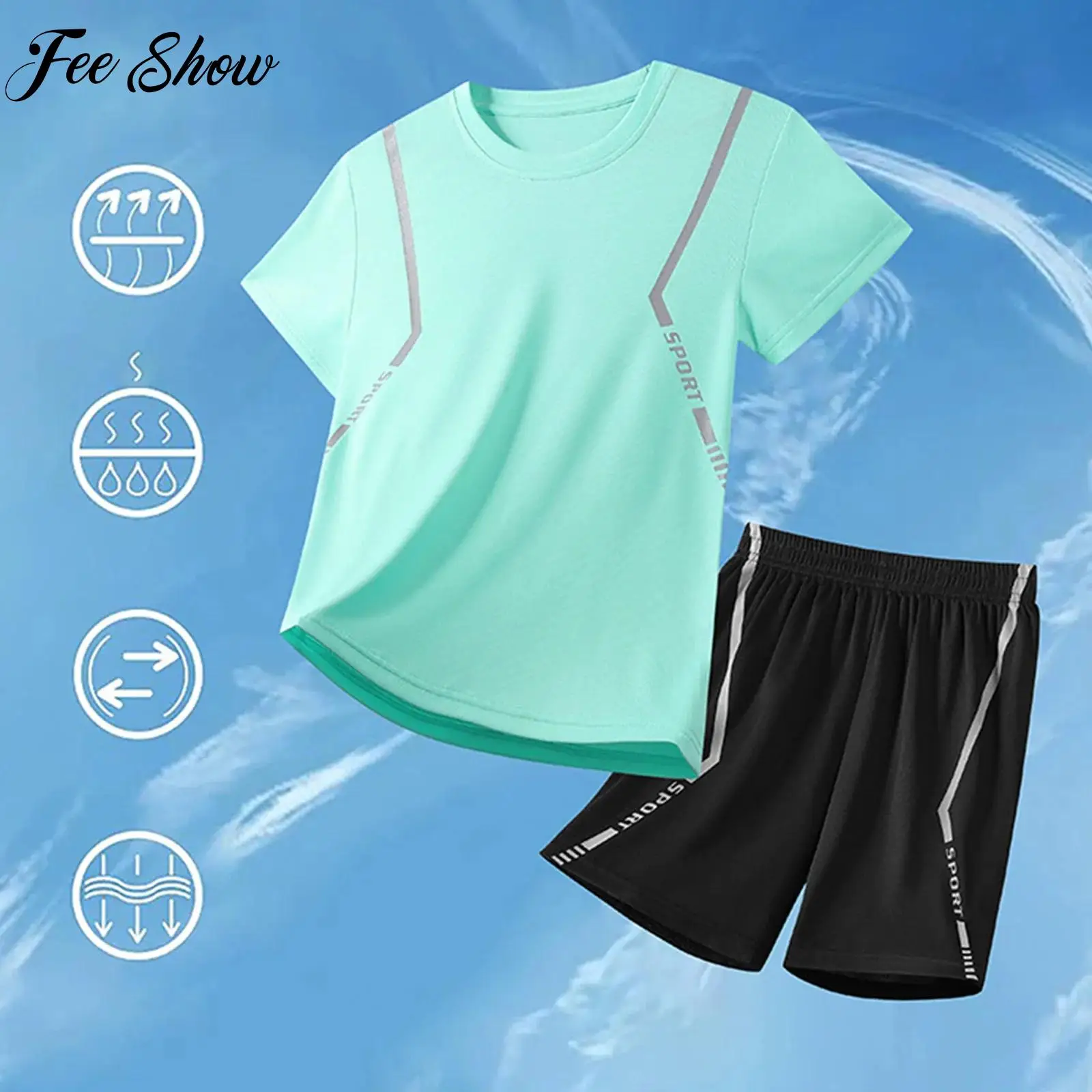 

Children Kids Boys Breathable Sport Suit Fashion Tracksuit 4 Colors Short Sleeve T-shirt+Shorts for Soccer Basketball Badminton