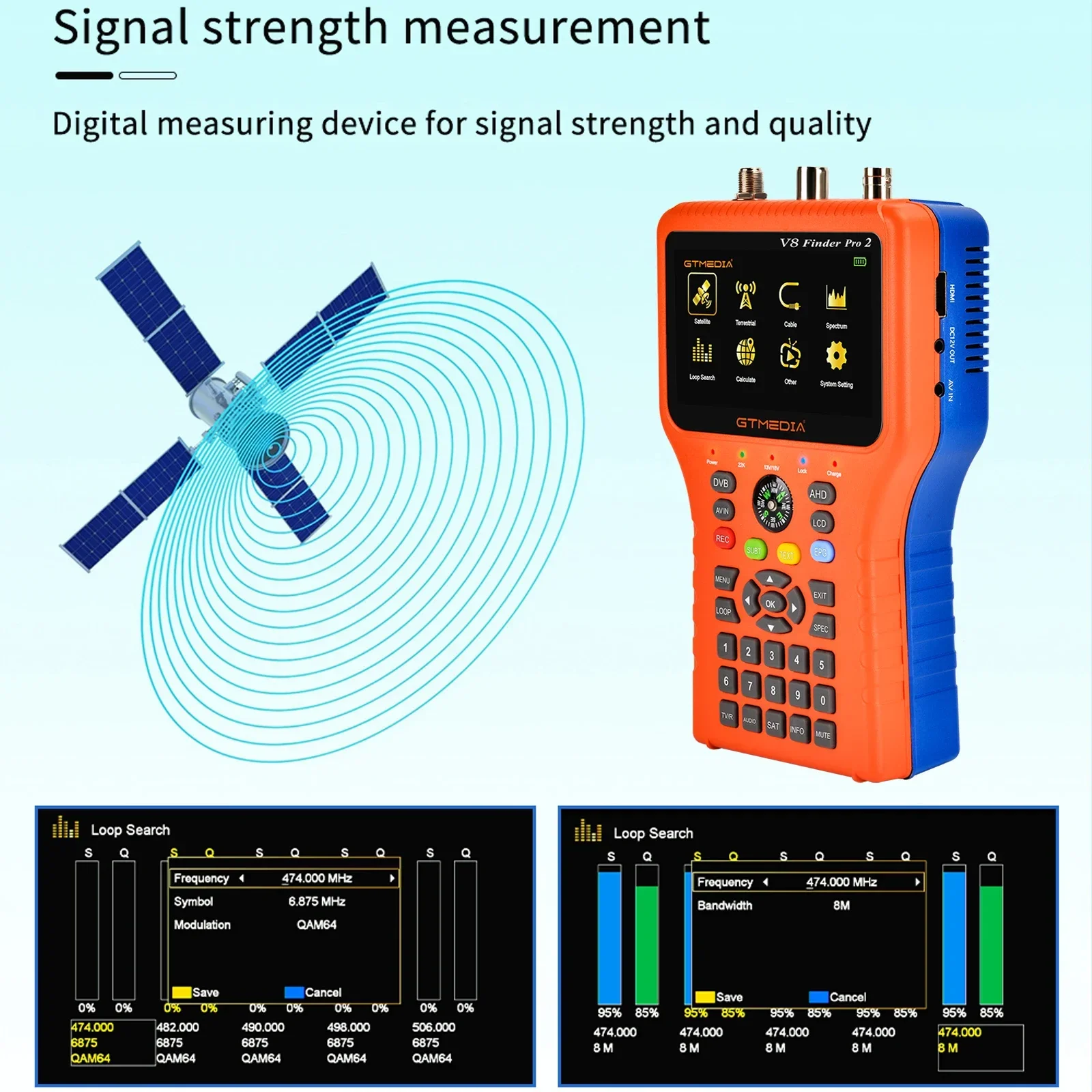 V8 Finder Pro 2 TV Signal Finder Meter DVB-S/S2/S2X/T/T2/C Signal Receiver 4.3-inch LCD Dispaly H.265 Auto Calculate Angle