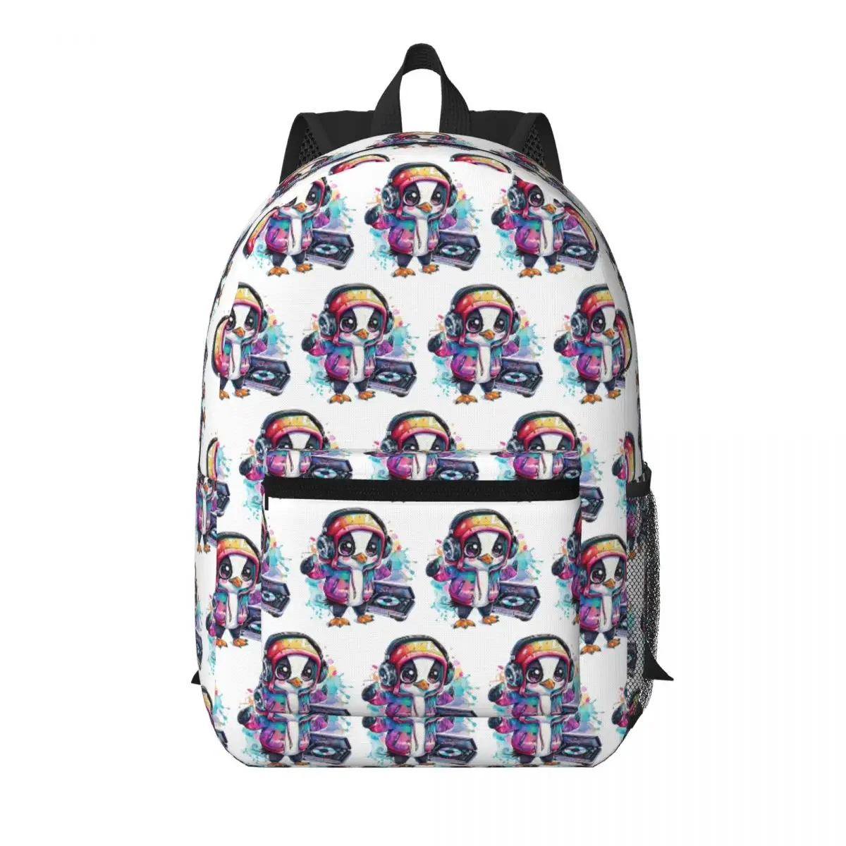 Colorful Penguin With Headphones Cartoon Student Backpack School Bag Hiking Travel Daypack for Men Women Bookbag Shoulder Bags