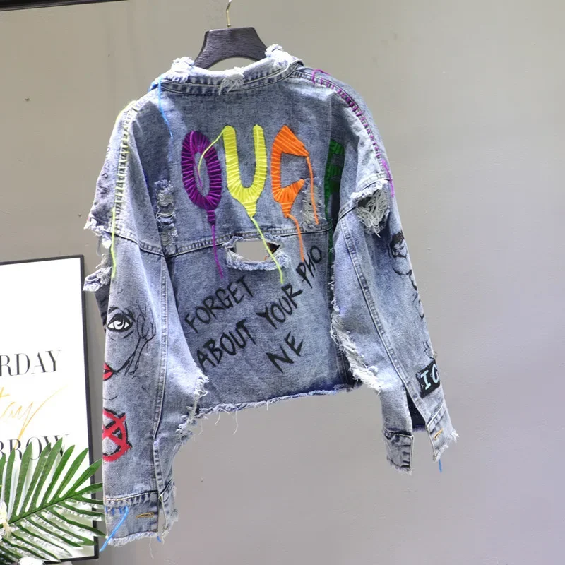 Fashion Manual Rivet Beading Tassel Letter Graffiti Print Spring Women Denim Jacket Holes Long Sleeve Jeans Jacket Coat Female