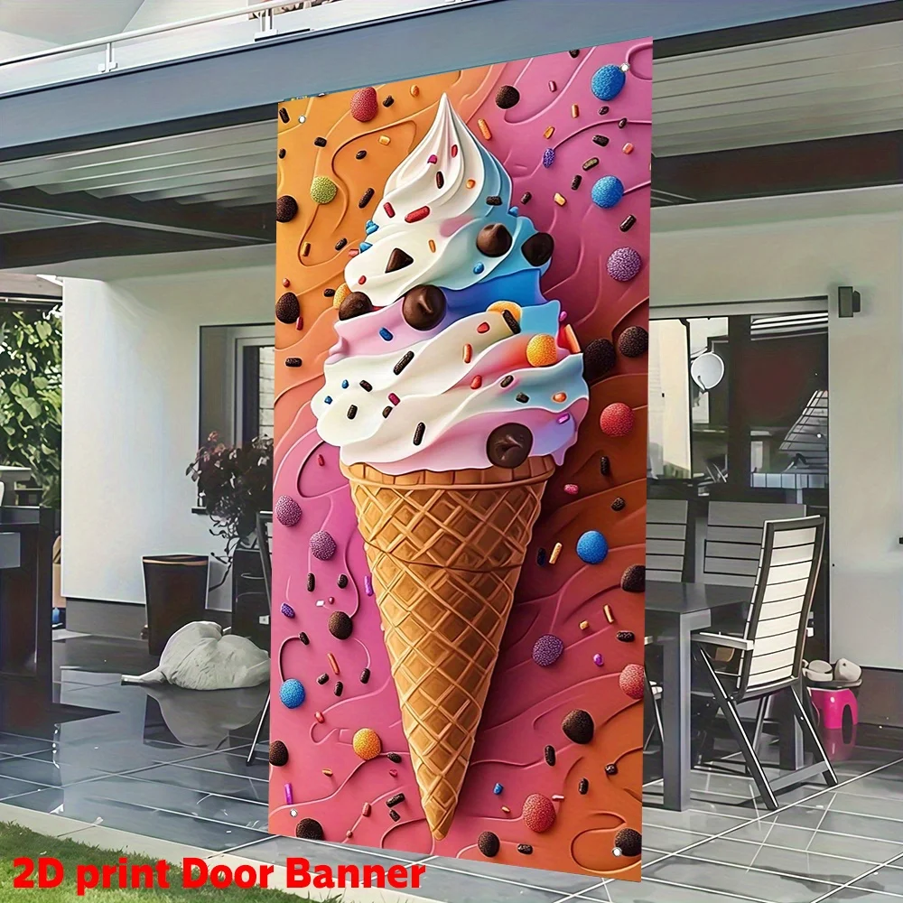 1pc Ice Cream Day Door Banner Backdrop Colorful Ice Cream Design Durable Polyester Fabric 4 Grommets for Party Home Decoration