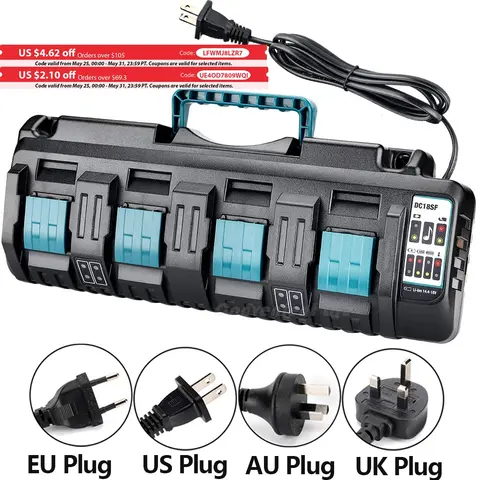 For Makita Battery Charger 14.4V-18V LXT Lithium‑Ion 4-Port Battery Charger Rapid Charger with Dual USB Port 8A/12A Power Tools