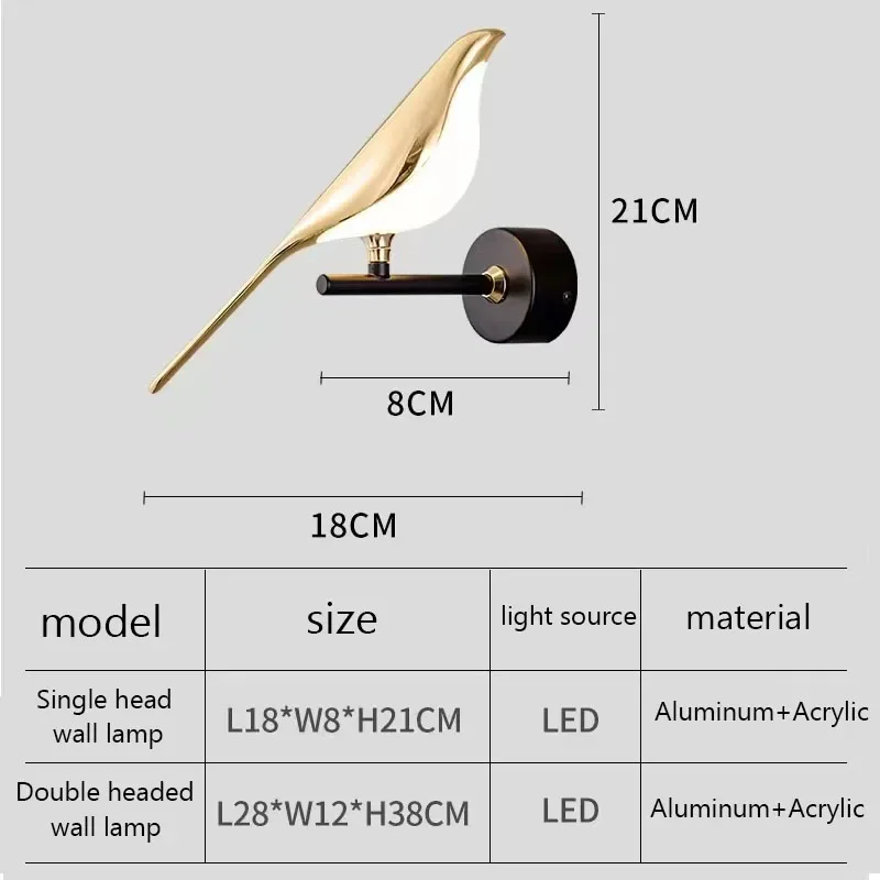 Modern Light Luxury Magpie Bird LED Wall Light Bedside Hanging Lamp Fixture Novelty Rotatable Hoom Decoration Sconce Lighting