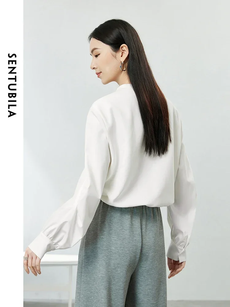 SENTUBILA Spring Simple Embroidery Cropped Sweatshirt 2025 White Long Sleeve Top For Woman Casual Solid Pullovers 141A53787