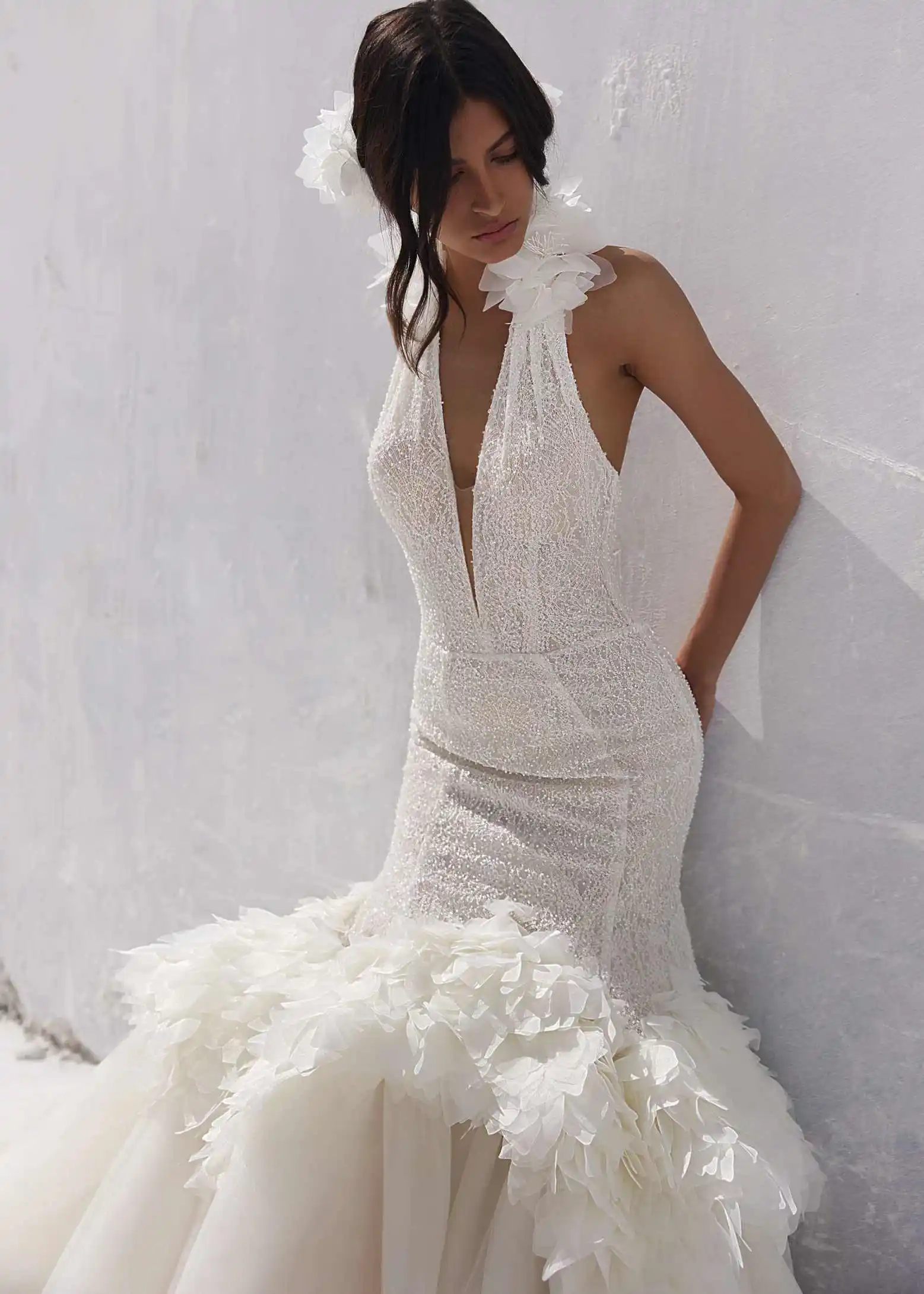 Gorgeous Prom Dresses Mermaid Sequined Halter Appliques Multilayers Prom Dress Floor-Length Vestido De Noite Customized