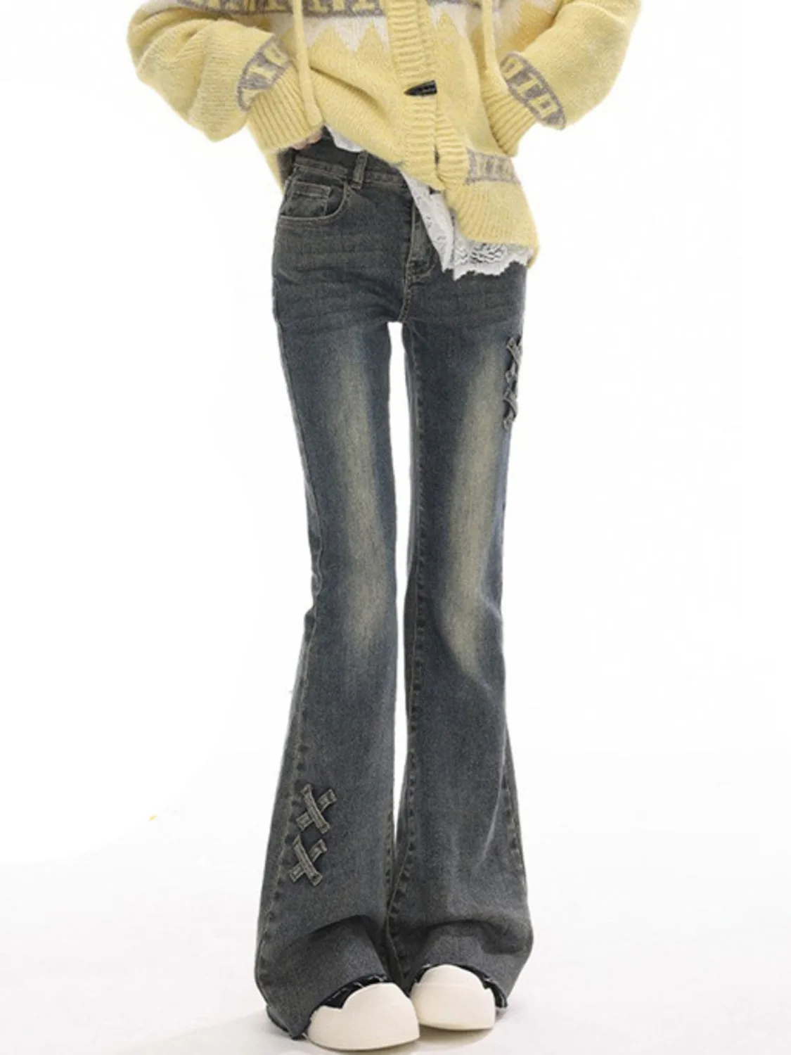 Women Vintage Washed Flare Jeans Lace-Up Detail Wide Leg Denim Pants Y2K Streetwear