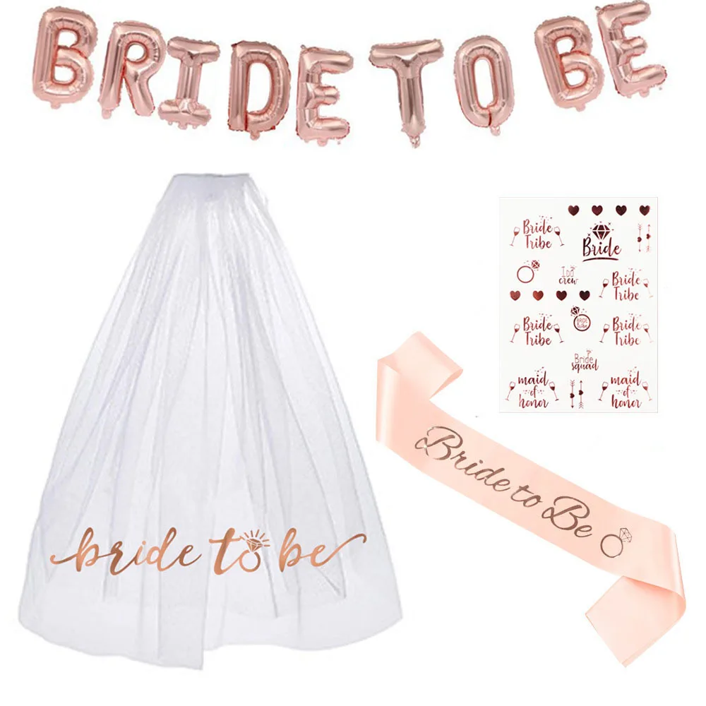 Bride To Be Veil Satin Sash Wedding Decorations Bridal Shower Balloon Hiarband Tattoo Stickers Girl Bachelorette Party Decora