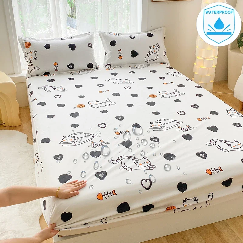 Waterproof Fitted Sheet with Cartoon Prints Bedwetting by Children Scratches by Pets Mattress Protect Cover,Customizable Size