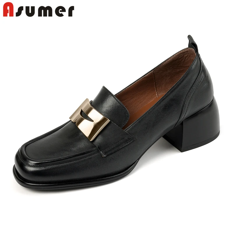 

ASUMER Big Size 34-42 New Nature Genuine Leather Shoes Women Loafers High Heels Retro Classic Handmade Ladies Office Dress Shoes