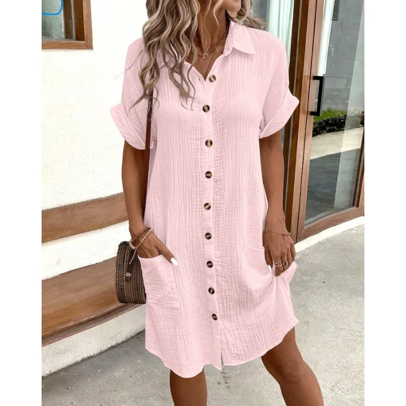 Women's New Single Breasted Turn Down Collar Short Sleeve Shirt Dress Comfort Casual Commute Elegant Pocket Designer Midi Dress