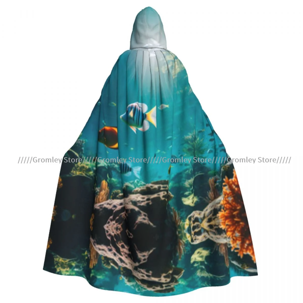 Medieval Halloween Cosplay Cloak Hooded Coat Coral And Fish In The Sea Water Cape Coat Long Trench Costume Wizard Cloak