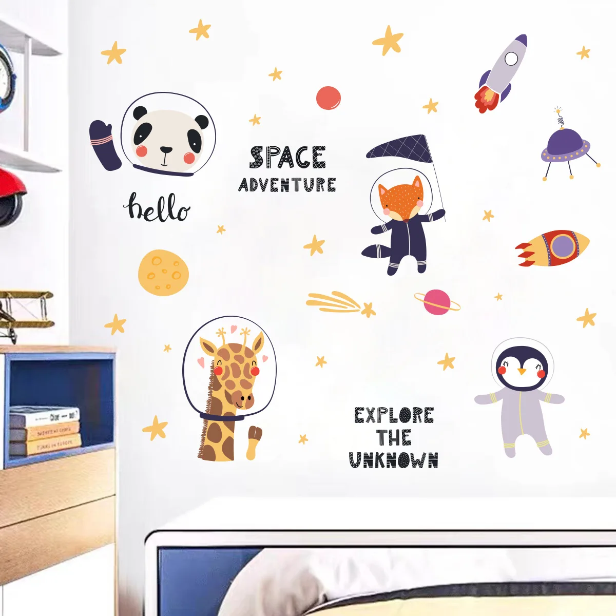 Etiqueta de la pared del astronauta del animal del bebé de la nave espacial de la historieta sapce pegatinas de animales de aventura para la decoración de la pared del cuarto de niños del bebé