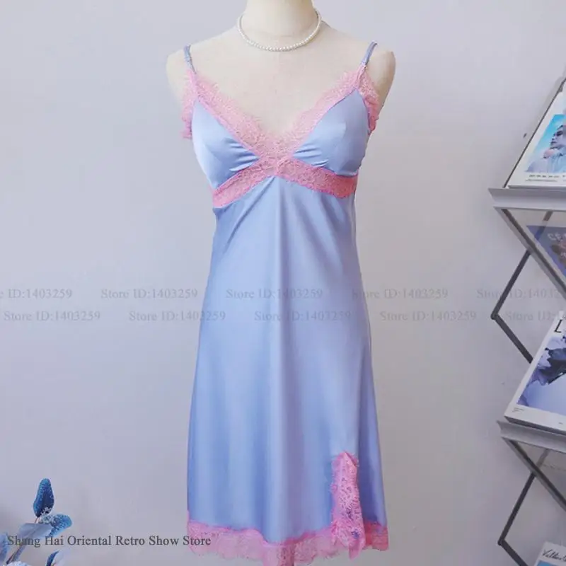 Nuevo conjunto de bata de 2 uds para mujer, ropa de dormir Sexy de encaje rosa con tirantes, camisón de lencería para primavera y verano, ropa de dormir de seda helada, vestido para casa