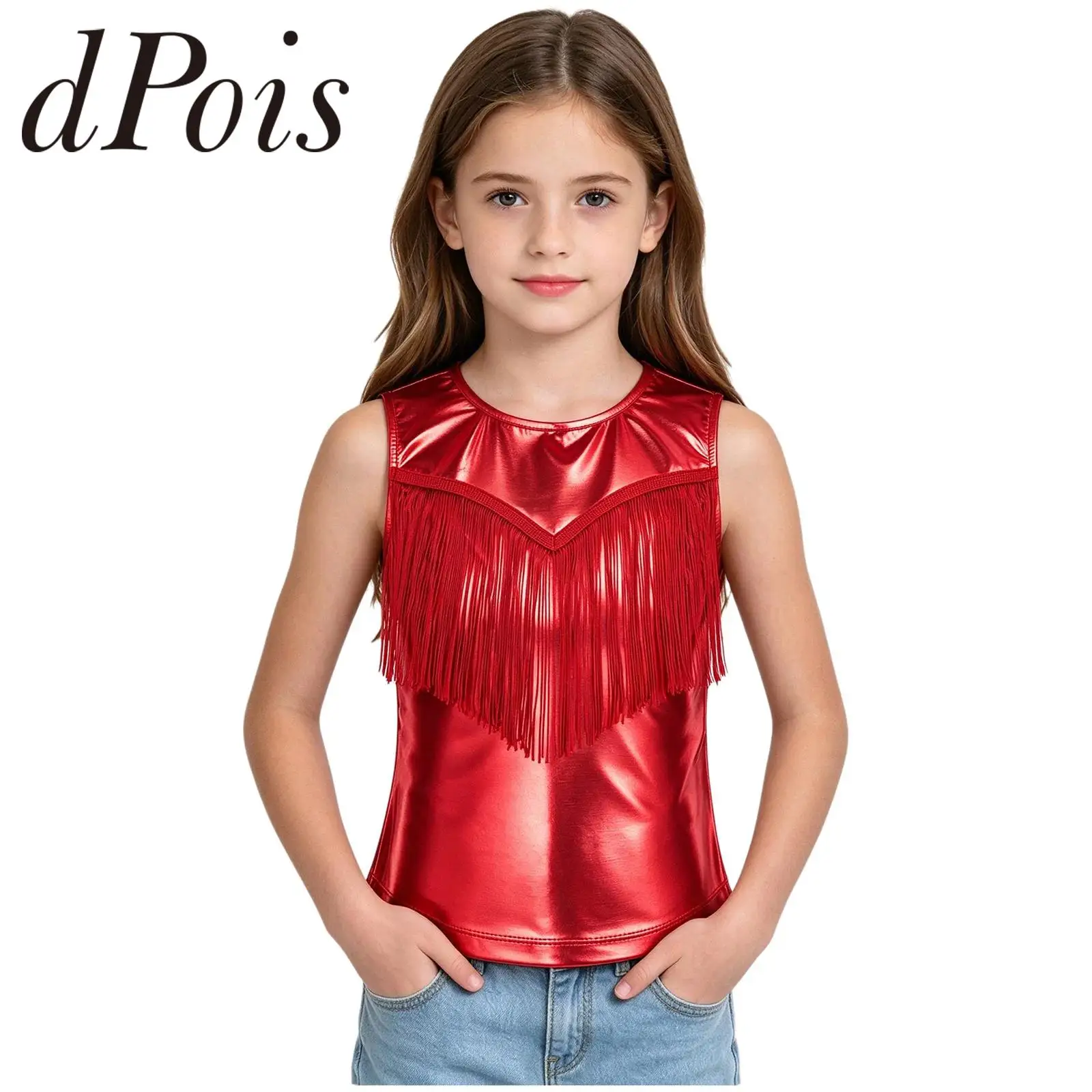 Girls Fringe Tank Top for Festival Stage Performance Dancewear Jazz Dance Costume Kids Tassel Metallic Vest 70s Disco Outfit