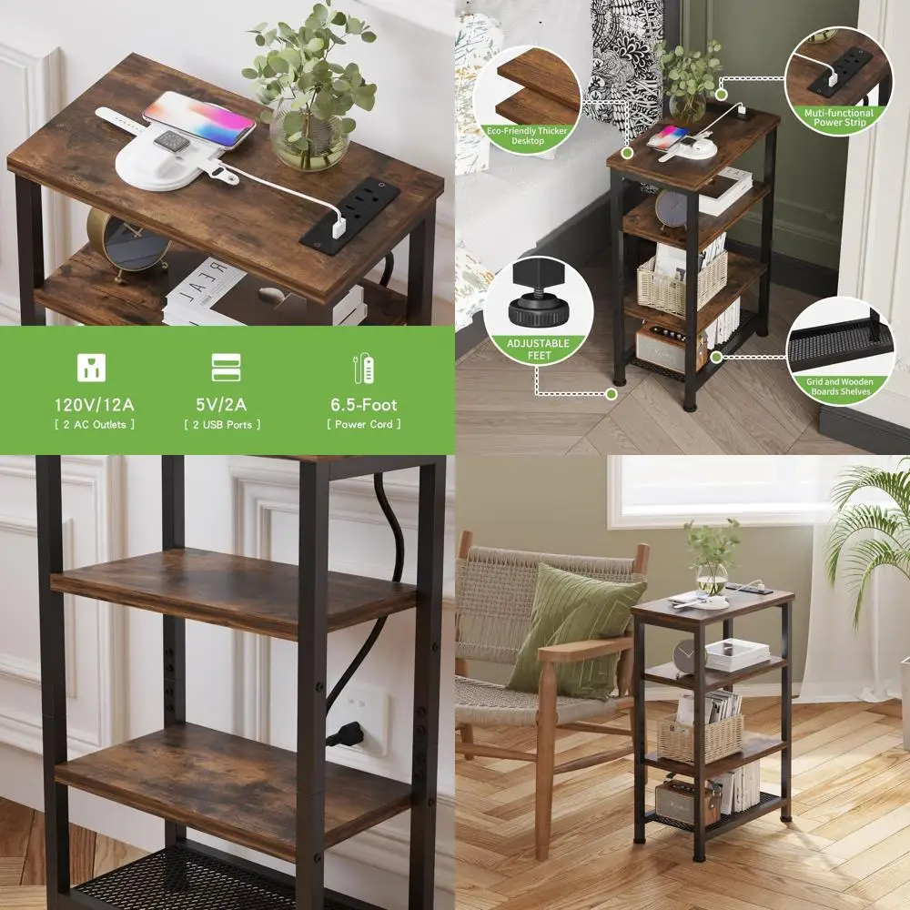 

Compact 4-Tier Nightstand with Charging Port, Slim Side Table for Bedroom & Office, USB Outlet Nightstand