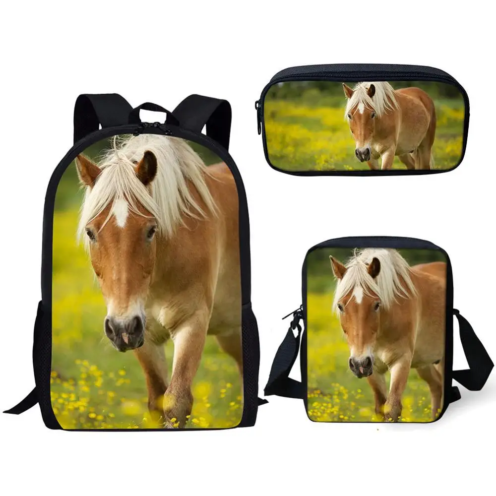 Cartoon Creative Horse 3D Print 3pcs/Set School Student Bookbag Fashion Travel Laptop Daypack Shoulder Bag Pencil Case