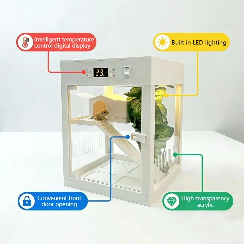 Gecko Incubator Temperature Control LED Light Reptile Terrarium Warm Air Heating Crested Gecko Breeding Box Reptile Habitat
