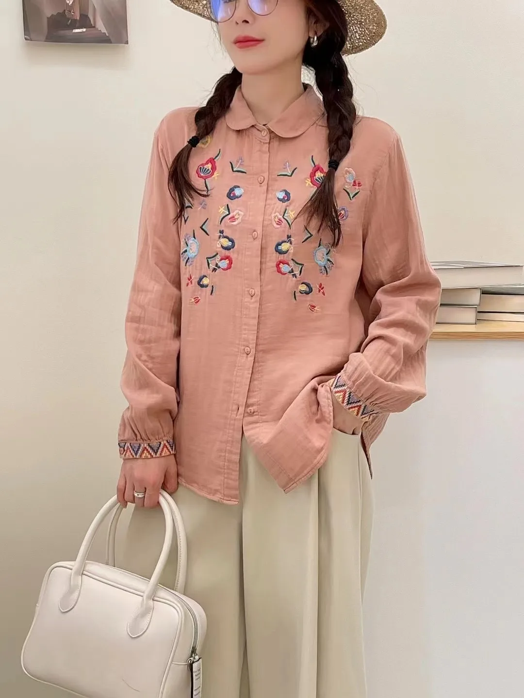 New Autumn Cotton Yarn Long Sleeve Shirt, Women Lapel Embroidery Top, Mori Girl Sweet Soft Loose Blouses, 2024 Winter T48838QC