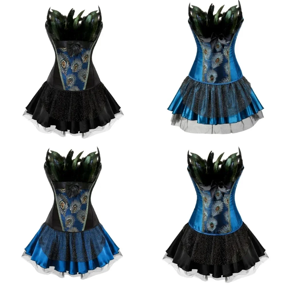 

Корсетное платье с павлиньими перьями в стиле бурлеск, сетчатая мини-юбка, сексуальный корсет с вышивкой, топ-бюстье, нижнее белье для женщин