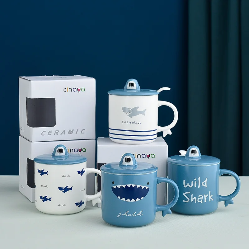 

Cartoon Shark Mug With Cap Spoon Creative Ceramic Coffee Milk Tea Cup Shark Lovers Gifts Boys Students Kids Gifts