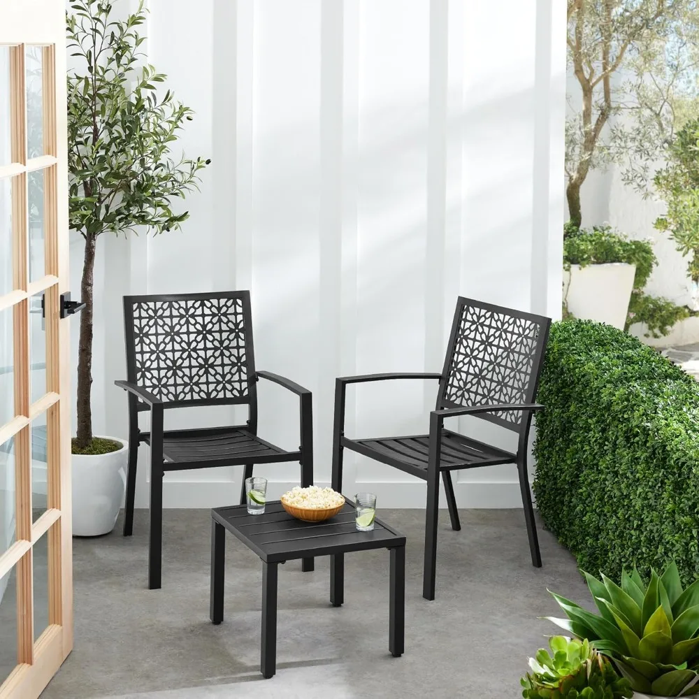 3 pieces of outdoor bistro set, stackable modern steel furniture, 2 chairs, table, geometric decoration - black