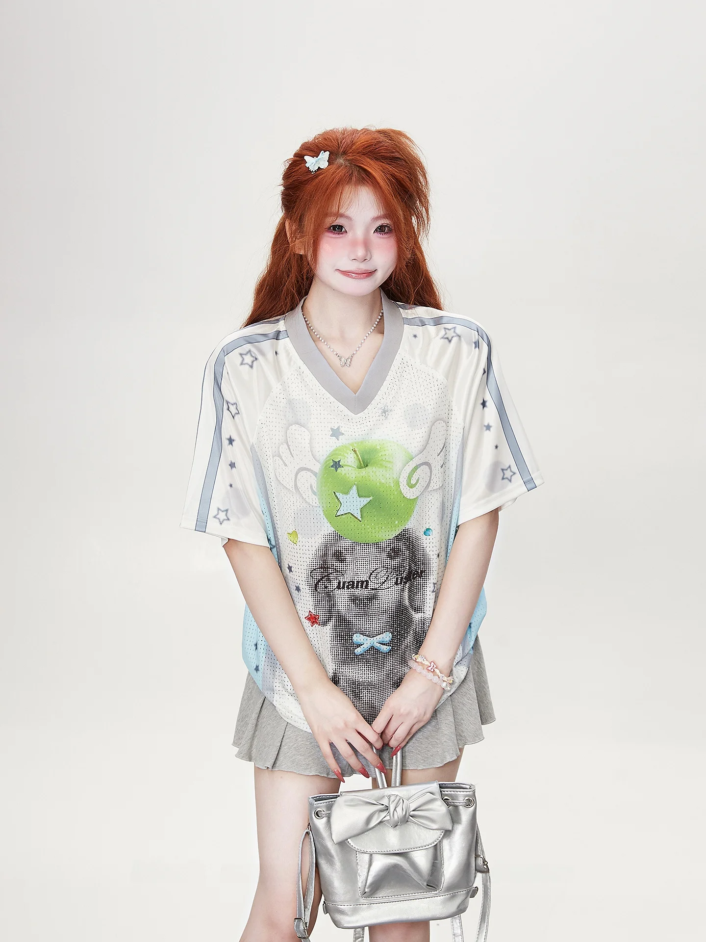 Korean Style Fun Dog Fruit V-Neck Short Sleeve T-Shirt Women Summer Patchwork Thin Loose Casual Top Ball Game Style Tee