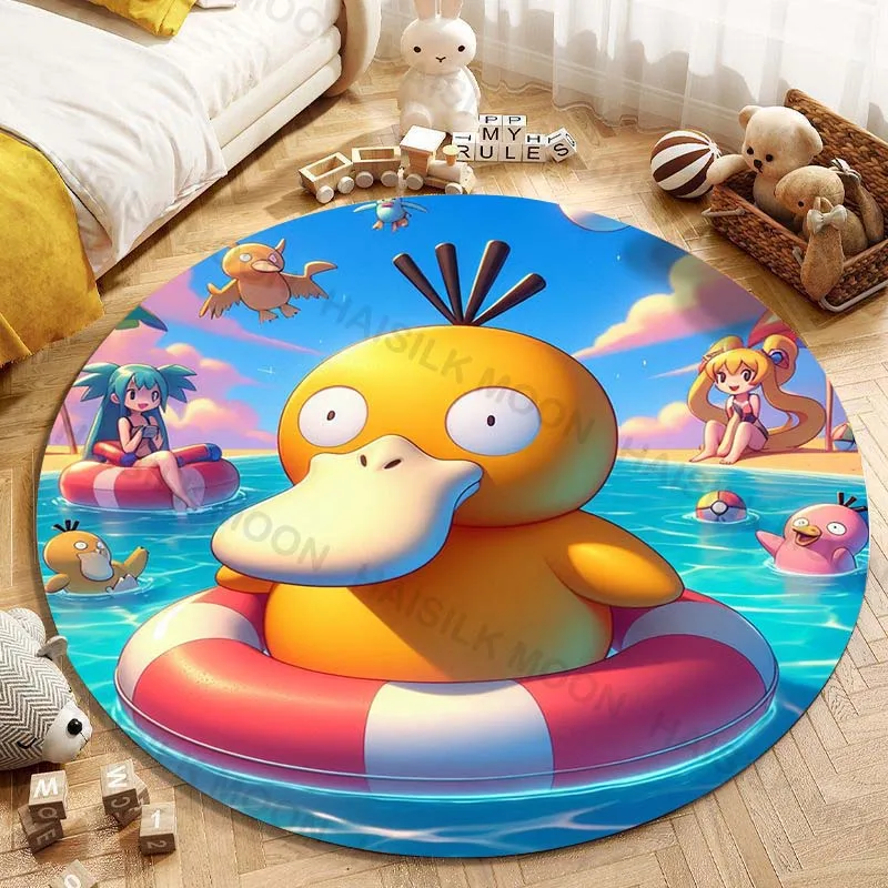 5 Sizes Pokémon Psyduck Printing Round Carpet Living Room Bedroom Table and Chair Sofa Decorative Carpet and Rug Kids Play Mat