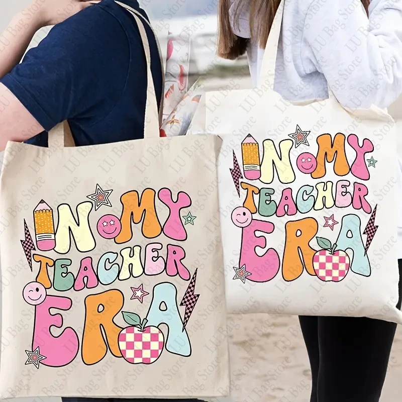 In My Teacher Era Tote Bag Perfect for Shopping Casual Canvas Shoulder Bags Christmas Birthday Gifts Back To School Bags