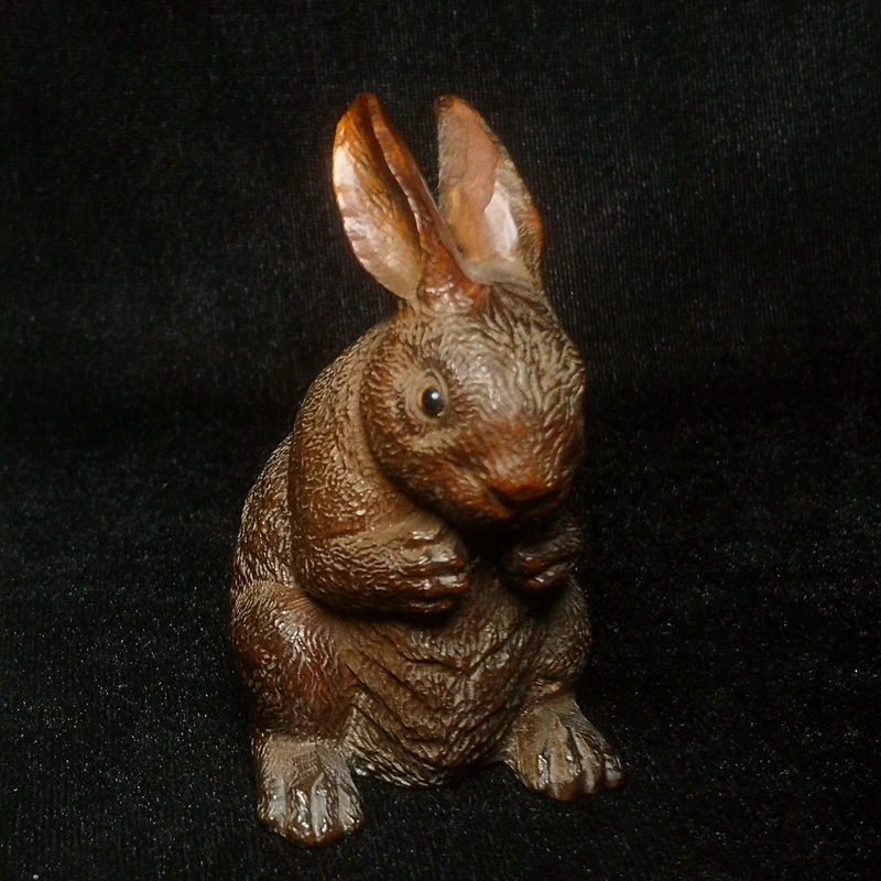 

1919 Antique art Size 3 Inch Hand carved Boxwood Wood Rabbit Figure Statue Table Decoration Netsuke Collection gift