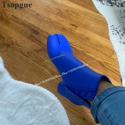 Trending Klein Blauw Lederen Enkel Tabi Laarzen Chunky Hoge Hak Schoenen Voor Vrouwen Split Teen 2024 Modieuze Zapatos Para Mujere