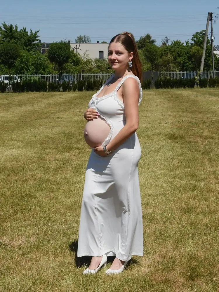 فستان أنيق أبيض لالتقاط الصور للأمهات بدون أكمام، فستان طويل مكشكش، ملابس حمل صديقة للصدمات للتصوير الفوتوغرافي في استحمام الطفل #1