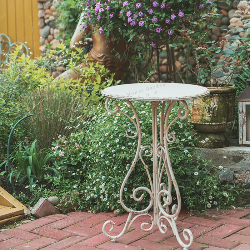 Outdoor Metal Iron Round Side Table Vintage White Finish Rustic Garden Table Decorative Balcony Accent Patio Side Table