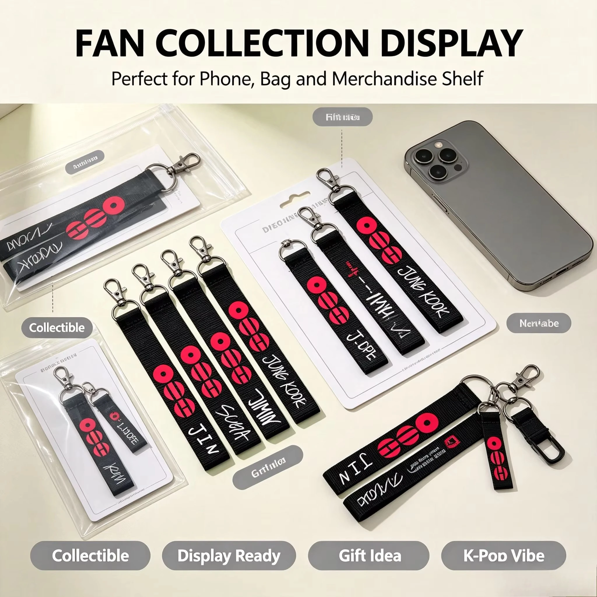 2026 New 7 Styles BTS Name Strap Keychain K-pop Idol Jin RM Suga Jimin V J-Hope Jungkook Lanyard Bag Charm Fans Gift