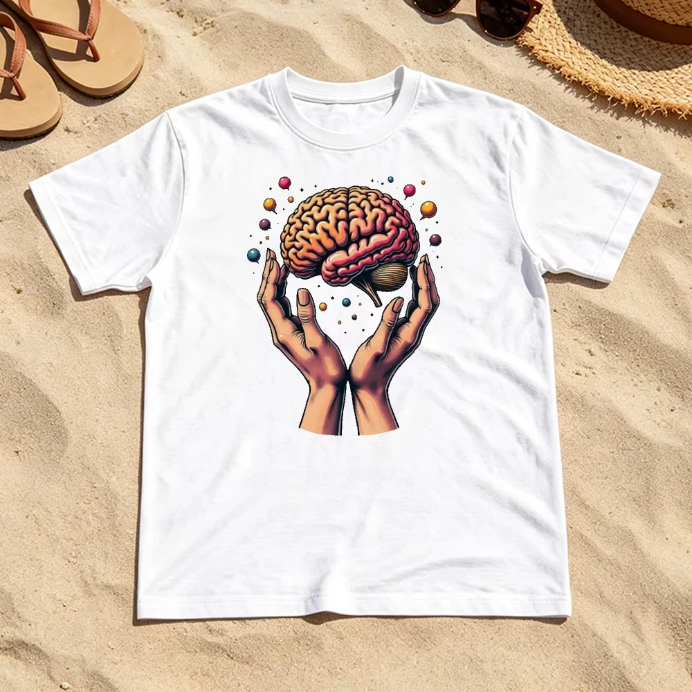 Hands Holding Floating Brain Graphic T Shirt Woman Smart Concept Meme Tee Summer Casual Study Outfit Top