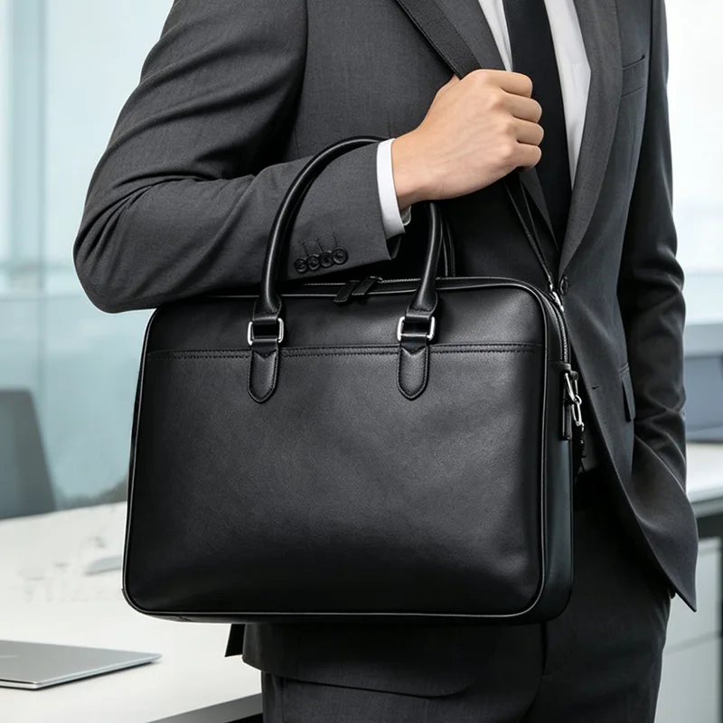 Genuine Leather Men's Briefcase with Double Front Pockets, Large Capacity 14 inch Computer Bag, Diagonal Cross Handbag