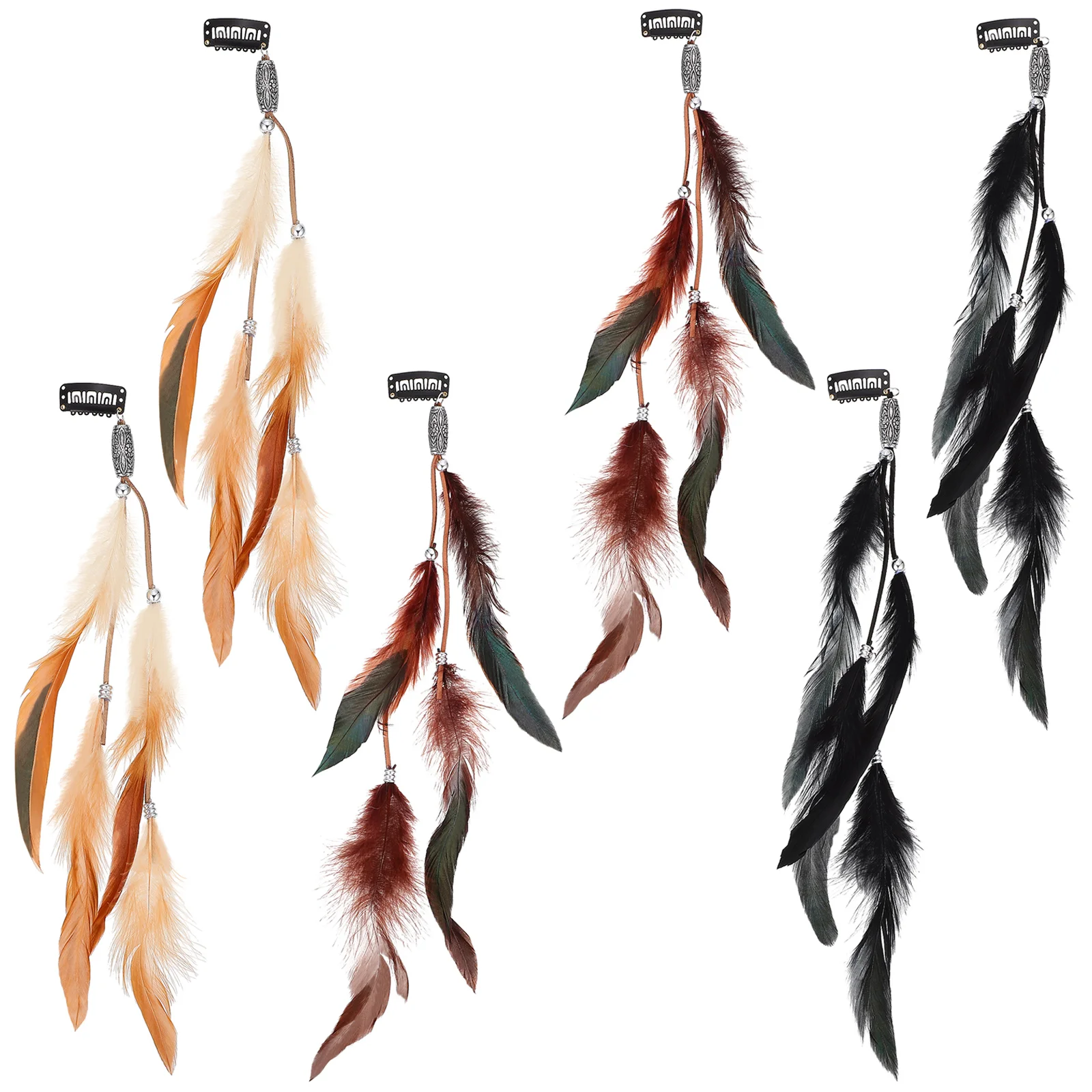 6 Pcs Hair Extensions with Clips Tassel Barrette Pins Plume Accessories Boho Decor