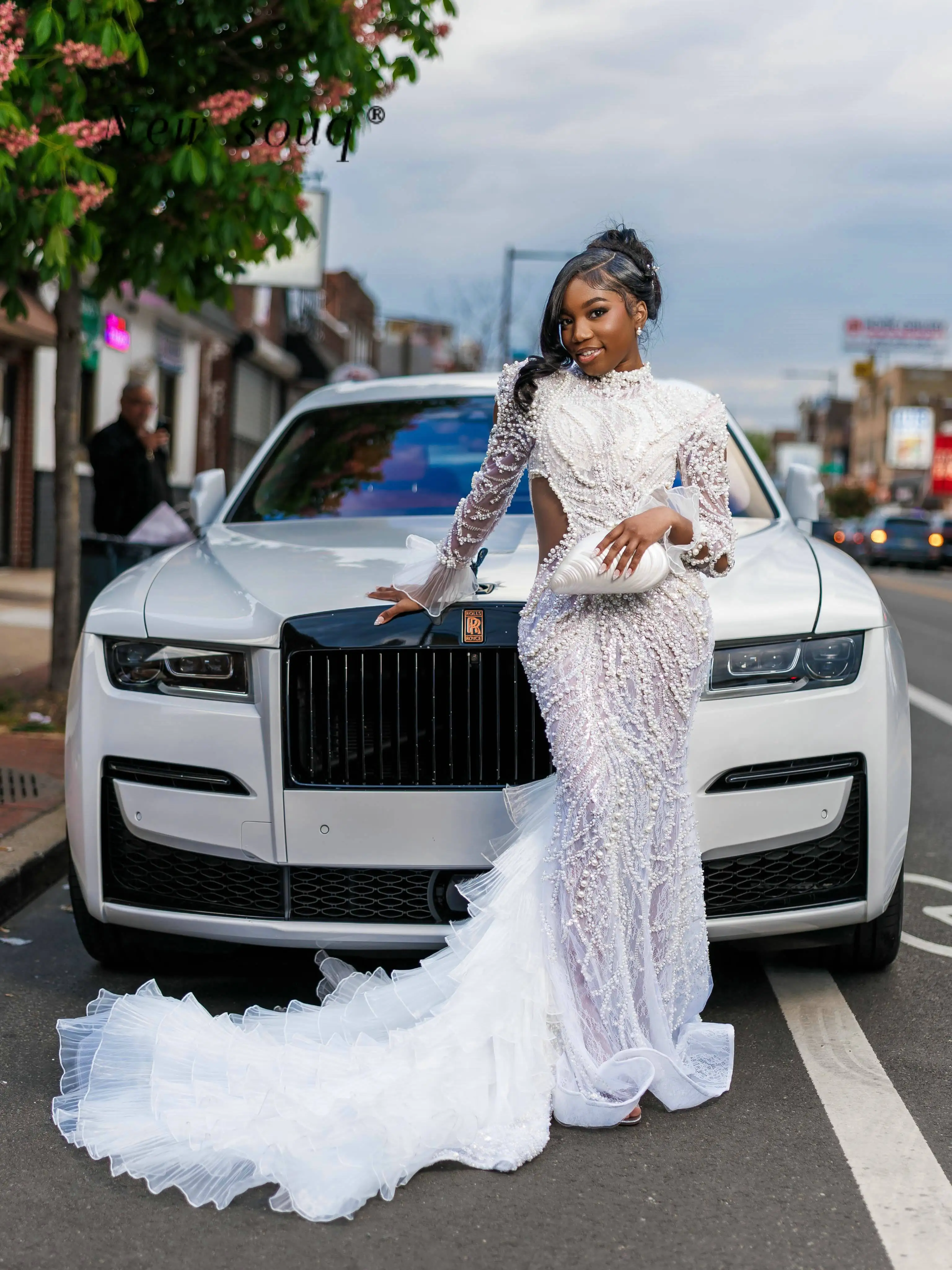 

White Pearls Beaded Mermaid Long Sleeves Prom Dresses 2026 Customized African Brides Wedding Engagement Evening Party Gowns