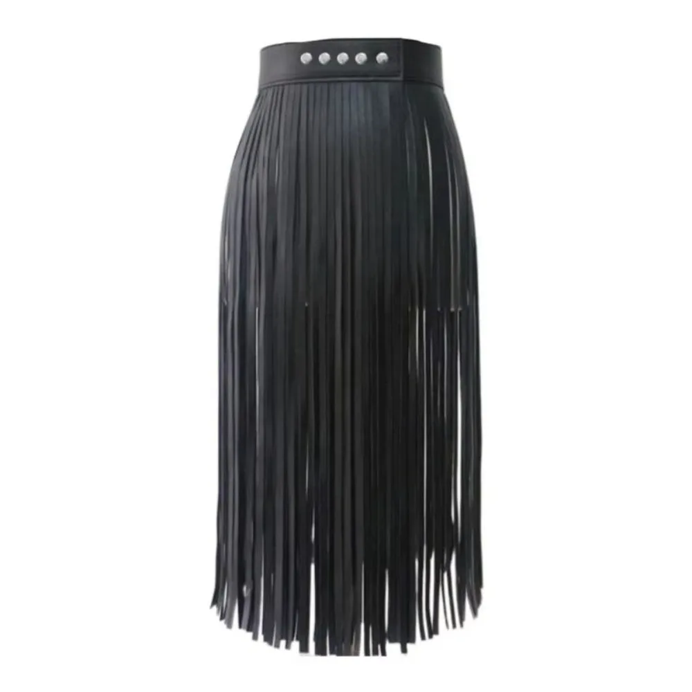 High Waist Fringe Tassels Skirt Faux Leather Punk Rock Long Fringed Skirt Adjustable Gypsy Style Waist Seal Costume Clubwear