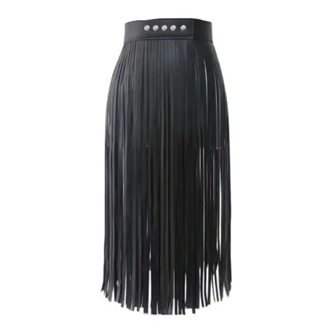 High Waist Fringe Tassels Skirt Faux Leather Punk Rock Long Fringed Skirt Adjustable Gypsy Style Waist Seal Costume Clubwear