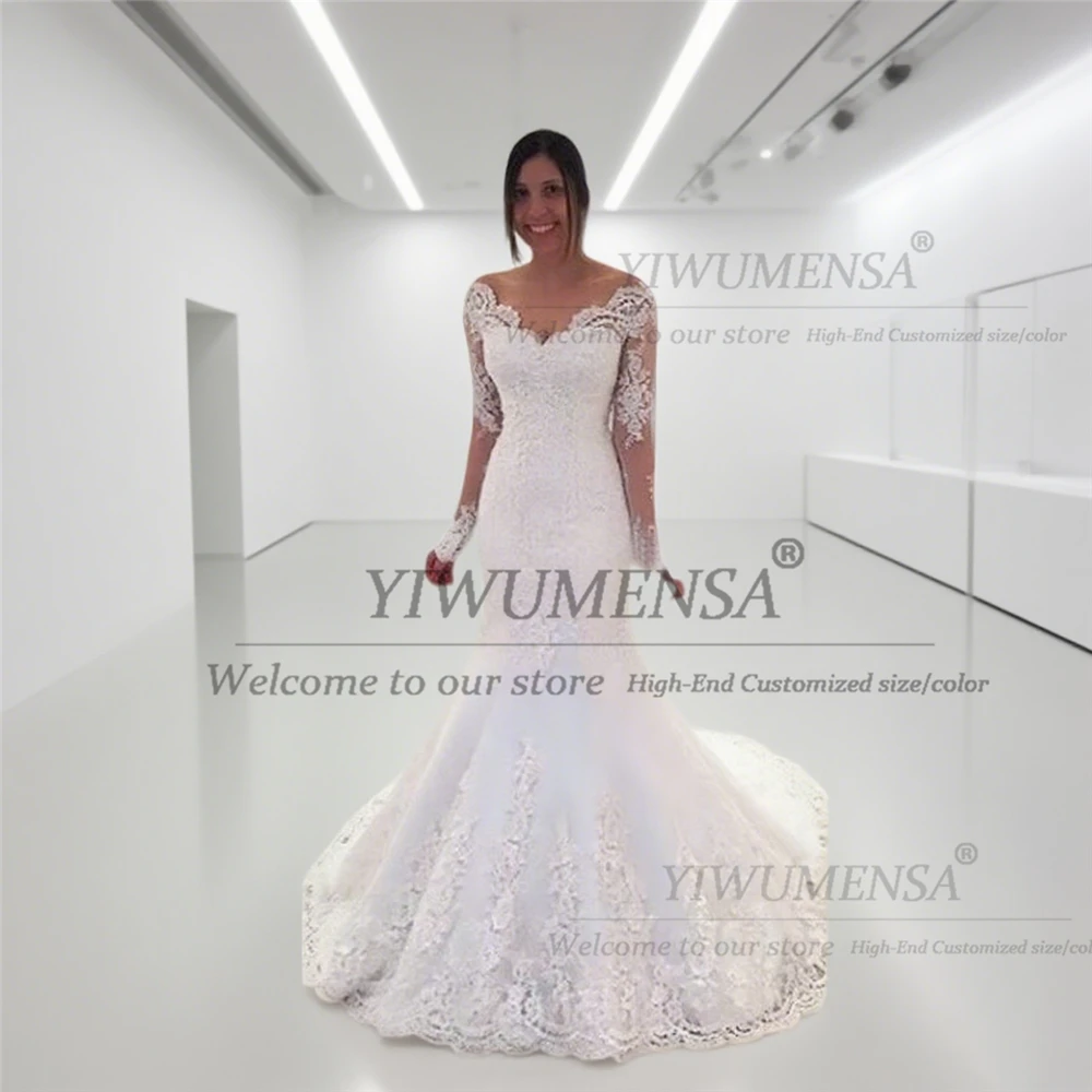 Elegancka suknia ślubna syrena z aplikacjami z koralikowej koronki dla panny młodej, szyta na miarę, dekolt w serek, długie rękawy, suknie ślubne damskie, odzież bankietowa.