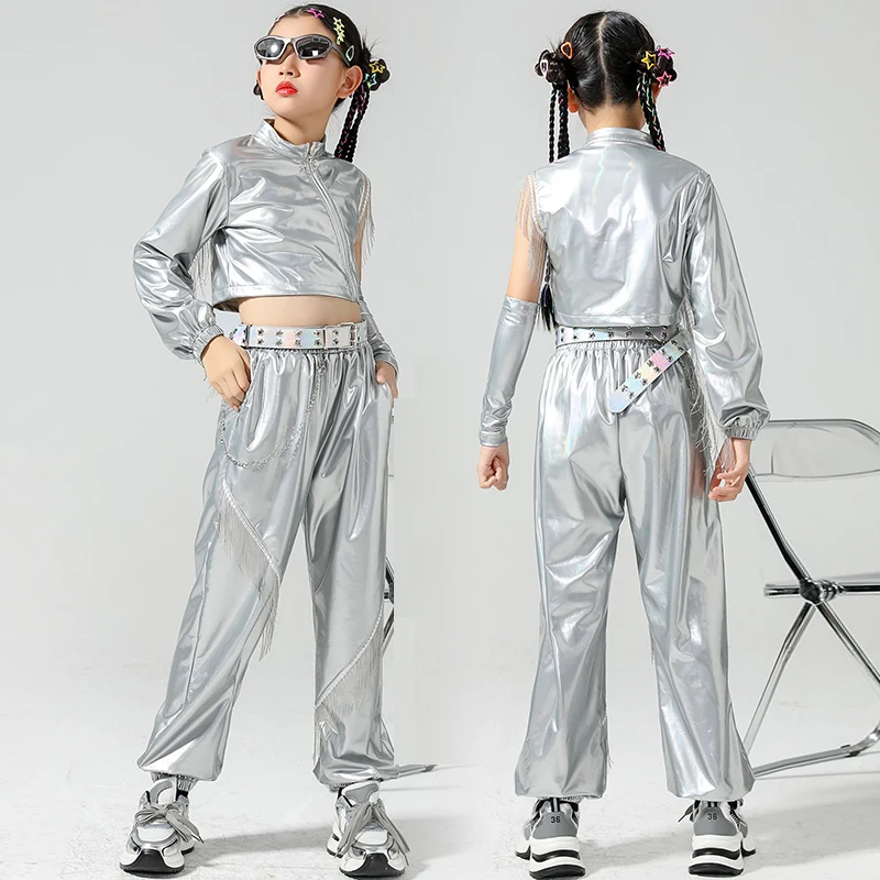 Girls Silver Technology Sense Street Dance Costume Single Sleeve Tops Cargo Pants Hip Hop Clothes Kpop Jazz Outfit DL11331