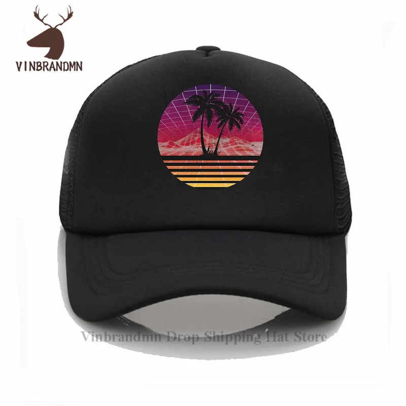 Retro 80s Outrun Sunset Palm baseball cap Silhouette - Original cool men women bucket hat casual summer 100% cotton fishing hats