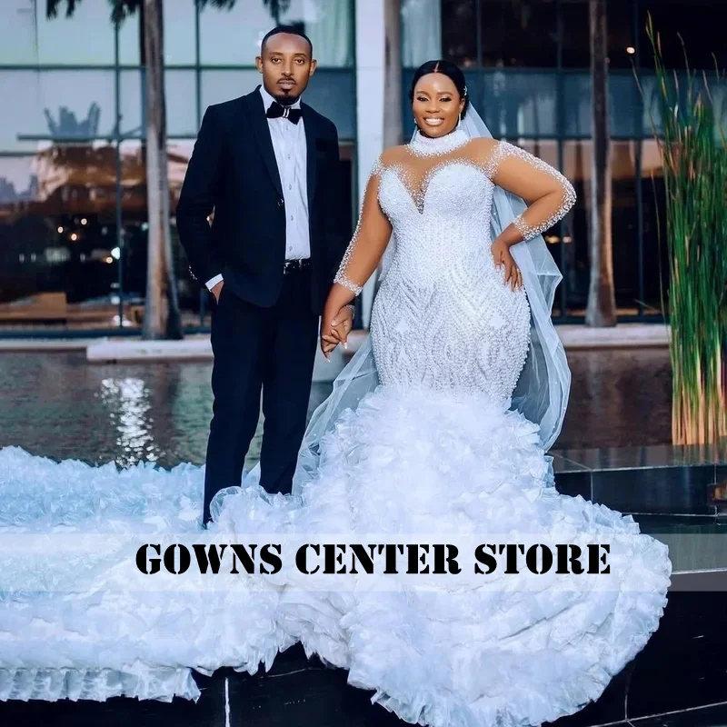 Customized Luxury Sparkling Mermaid Wedding Dress African Women's Plus Size Bride Dress Pearl Long Sleeve Wedding Dress
