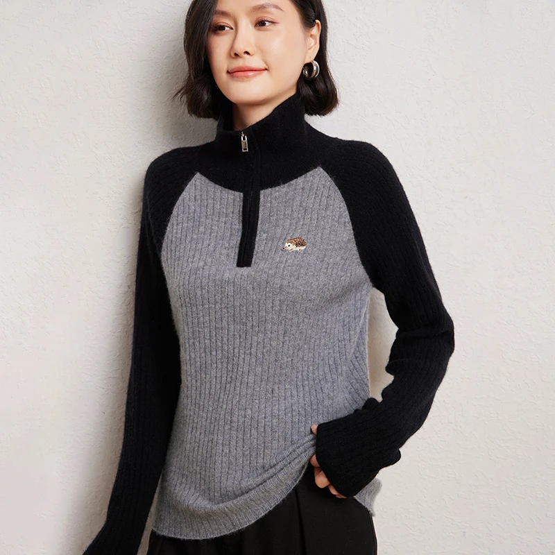 

Трикотаж на молнии с длинными рукавами, свитер высокого качества, осень и зима, 100% мериносовая шерсть, мягкая теплая женская одежда, топы